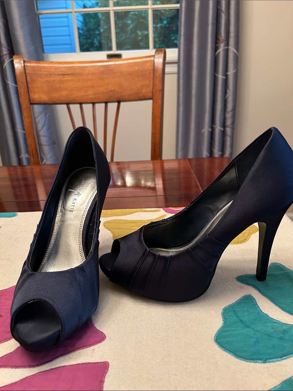 Kelly & Katie Navy Satin Peep-Toe Stiletto Heels